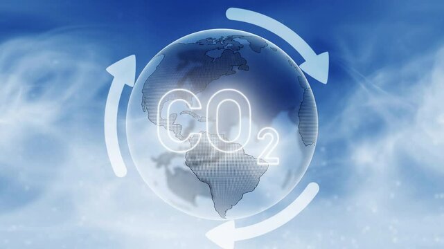 Looping blue earth planet with carbon dioxide caption and recycle arrows animation background.
