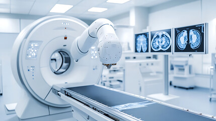 A robotic arm assembling precision medical imaging equipment in a radiology lab, AI-controlled tools ensuring the high accuracy of medical diagnostic systems, Medical-tech style