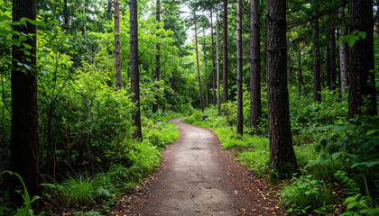 serene forest path surrounded by lush greenery and tall trees invites exploration and tranquility