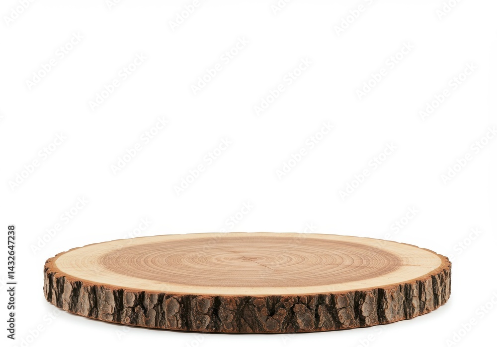 Poster a close up shot of a circular wooden tree slice with bark on a white background in studio lighting
