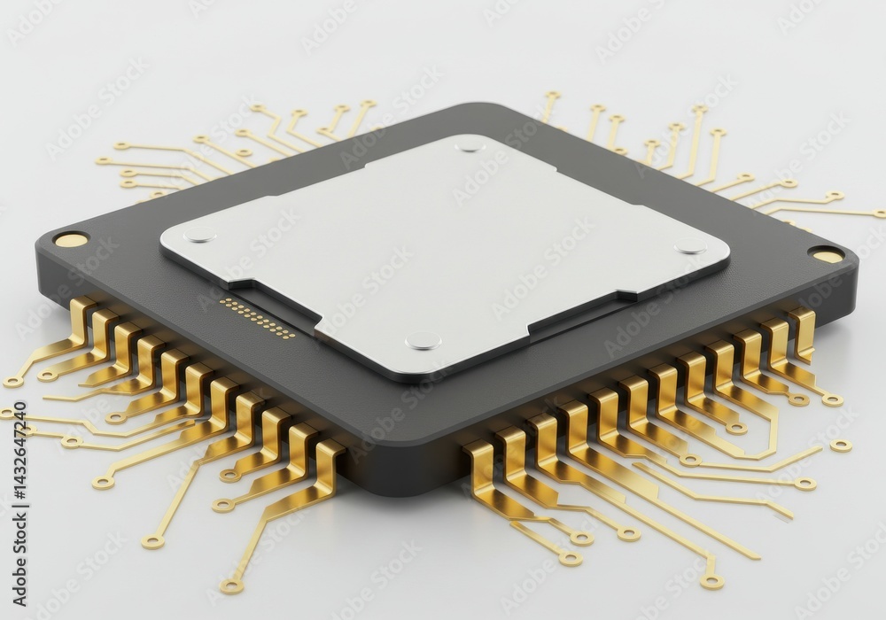 Poster a close up of a microchip with gold pins on a white background in a studio setting showing details