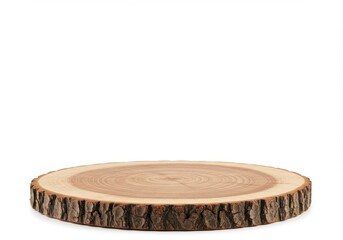 A close up shot of a circular wooden tree slice with bark on a white background in studio lighting