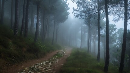 Obraz premium Misty Forest Path with Tall Trees and Ground Covered Greenery in Atmospheric Mood