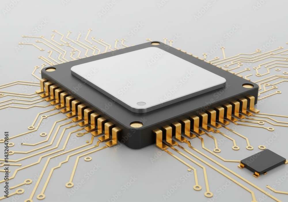 Poster a close up of a microchip with gold pins and white top on a circuit board background in soft lightin