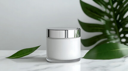 White cosmetic jar with silver lid on marble surface next to green leaves, Premium AI-generated image