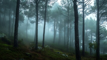 Fototapeta premium Misty Forest Scape, Tall Pines, and Lush Green Mossy Undergrowth in Morning Fog