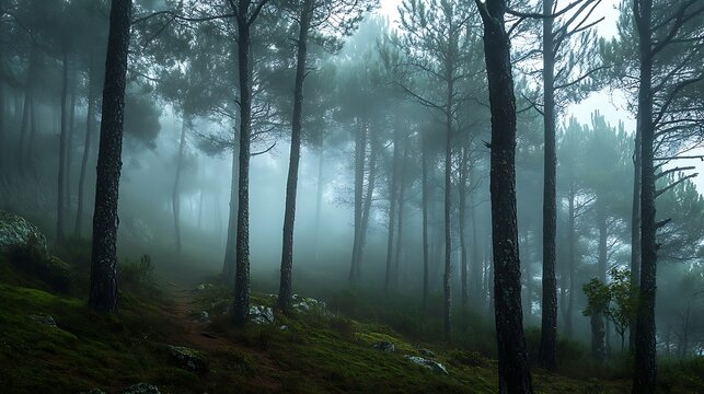 Misty forest with tall pine trees in dense fog - Free Stock Photo ...