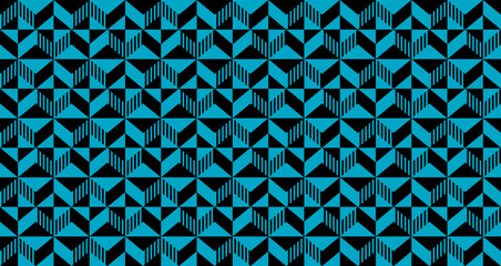 geometric background, seamless pattern, blue and black colors. zig zag, trapezoid, triangle, rectangle, diamond, modern, mosaic. Vector