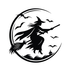 Witch Silhouette Flying on Broom, Castle, Bats, Spooky Tree, Circular Design