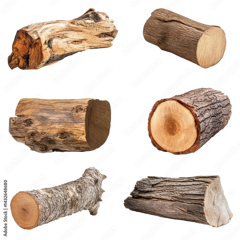 Poster different types of old wood logs displayed on a transparent background showcasing unique textures an