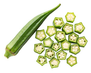 Fresh Whole and Sliced Okra Vegetable on transparent Background