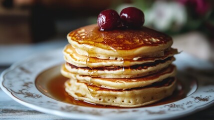 Fluffy pancake stack drizzled with golden syrup and adorned with ripe cherries