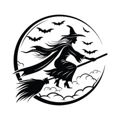 Stylish Witch Silhouette Flying on Broomstick, Crescent Moon and Stars, Costume, Hat