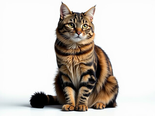 Naklejka premium The cat is sitting on a white background. The cat has a striped pattern on its fur.