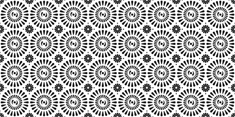 Seamless pattern of floral motifs with ying and yang in the center. Decor, asian, floral, black, textile. Vector