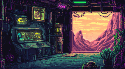 Retro Pixel Art Scene of a Control Room Overlooking an Alien Landscape