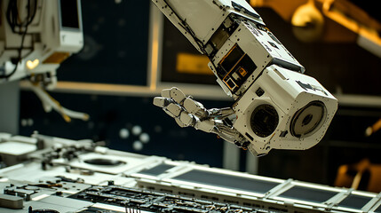 A robotic arm assembling precision space exploration instruments in a space tech lab, AI-enhanced components for data collection and communication for deep space missions, Space-tech style