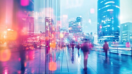 Fototapeta premium Night Cityscape: Blurred Figures Walking Through Vibrant Urban Landscape at Night, Illuminated Buildings Reflecting in Wet Pavement