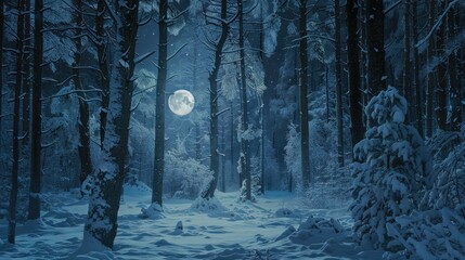 Naklejka premium Enchanted Winter Forest Under Moonlight