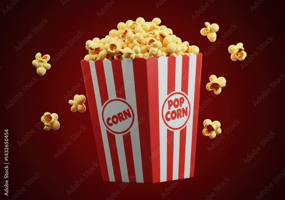 Poster a striped popcorn bucket overflowing with popcorn on a red background with scattered popcorn pieces