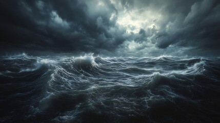 Fototapeta premium Turbulent Ocean Waves Under a Dramatic Stormy Sky: A Dark and Powerful Seascape