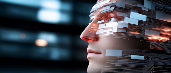 Face profile with digital elements flowing, futuristic abstract design