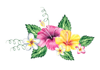 Floral bouquet watercolor illustration, tropical flowers hibiscus, palm leaves isolated on white...