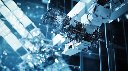 A robotic arm assembling satellite antenna arrays in a futuristic aerospace cleanroom, AI-driven alignment ensuring signal optimization, Aerospace-tech style