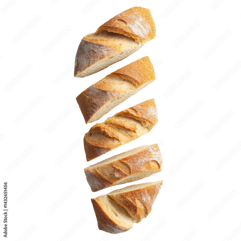 Aufkleber sliced baguette viewed from above on a light surface showcasing its golden crust and soft interior, 