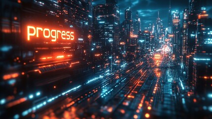 Obraz premium Progress Text in Futuristic Cyber Cityscape/progressテキストと未来的サイバー都市4