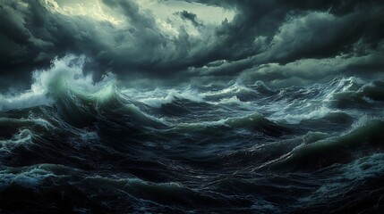 Turbulent Ocean Waves Under a Dramatic Stormy Sky: A Dark Seascape Painting