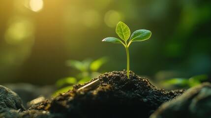 Sprout emerging from soil, sunlit forest background