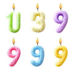 Colorful number shaped candles for birthday celebrations with flames illuminating each one, 123 number shaped candles. Candlelight for every year, birthday from 0 to 9 isolated on transparent