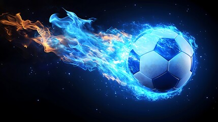 Naklejka premium Soccer Ball engulfed in Blue Fire Flames on Transparent Background, Intense Sport Design