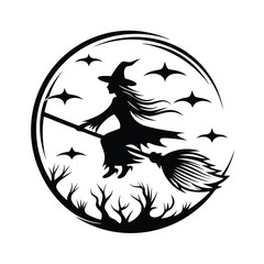 Silhouette Witch on Broom Flying Past Moon and Stars in Black and White Outline Art