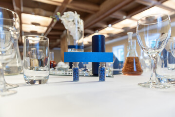 Elegant Wedding Table Setting With Blue Decoration and Beverages