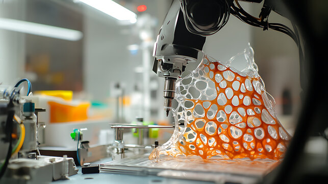 A robotic arm assembling self healing smart materials in a materials science lab, AI-driven components for advanced, sustainable materials used in construction and manufacturing