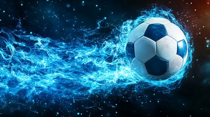Naklejka premium Soccer Ball on Fire with Blue Flames and Sparkles, Dynamic and High Energy