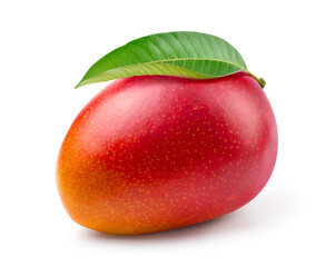 Ripe mango with leaf isolate on white background. Clipping path.