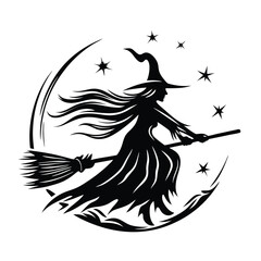 Silhouette of Witch Riding Broomstick in Front of Crescent Moon & Stars Icon. 85 Chars