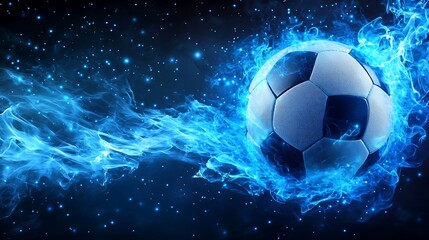 Fototapeta premium Soccer Ball with Blue Energy Flames and Sparkling Light Particles against Transparent Background