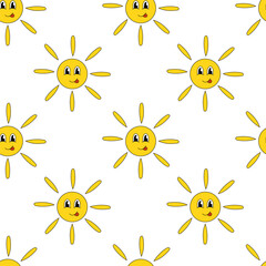 Seamless pattern. Smiling Face Sun with tongue. Groovy style background. Vector flat illustration.