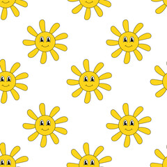 Seamless pattern with Smiling Face Sun. Groovy style background. Vector flat illustration.