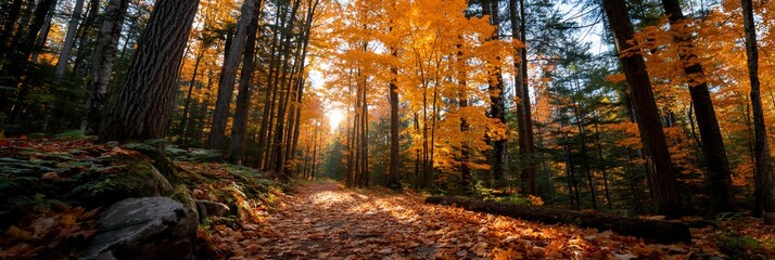 Sunlit autumn forest path