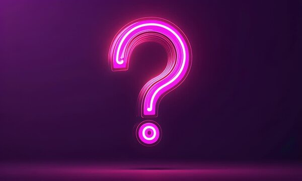  Neon glowing question mark, in the style of pink color on a dark purple background