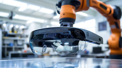 A robotic arm assembling smart glasses with augmented reality capabilities in a wearable tech lab, AI-enhanced lenses and sensors being integrated for immersive user experiences, Wearable-tech style