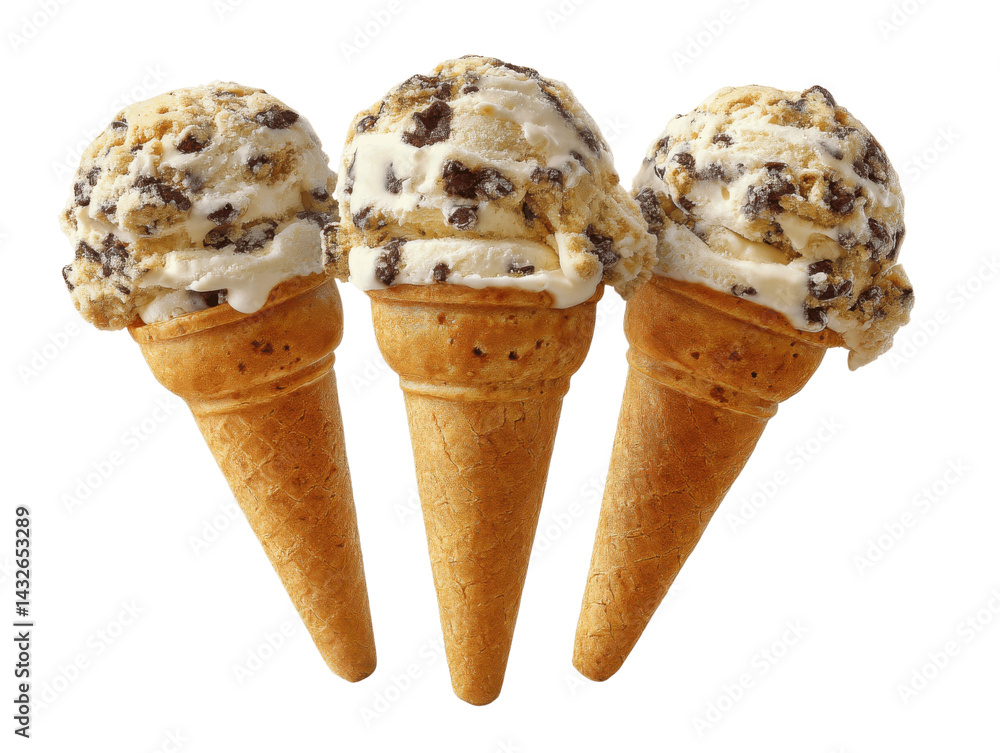Poster three ice cream cones with chocolate chip cookie dough ice cream on a white background. ice cream co