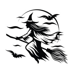 Black Silhouette Witch Flying on Broomstick, Stars, Moon, Silhouette Design, Halloween Art