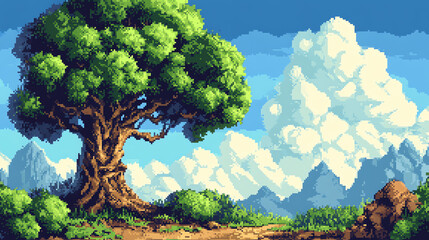 Pixel Art Tree Landscape with Mountains and Clouds Illustration Style