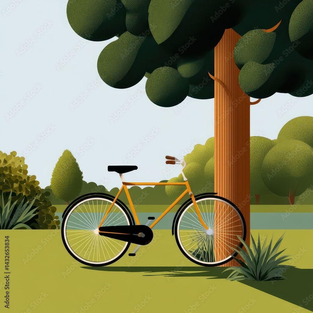 Poster a stylized illustration of a bicycle resting beneath a tree.
